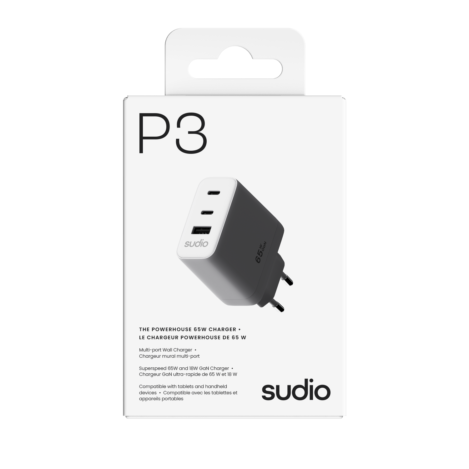 P3 Väggladdare 65W 2 x USB-C + USB-A Vit