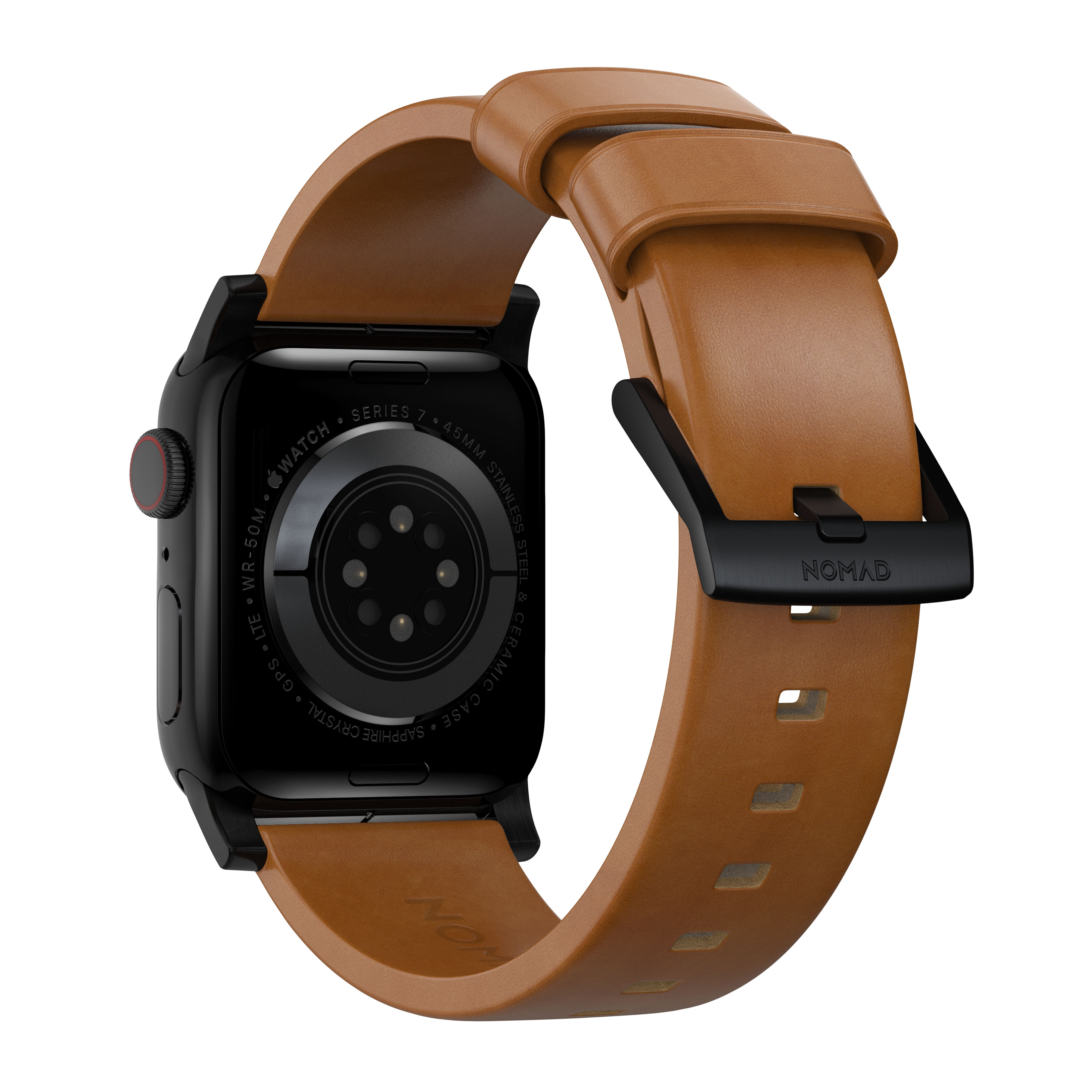 Apple Watch SE 44mm Modern Leather Band English Tan (Black Hardware)