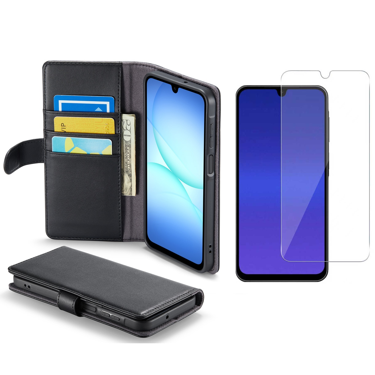 Samsung Galaxy A17 Kit Läderfodral och Skärmskydd i Glas Svart