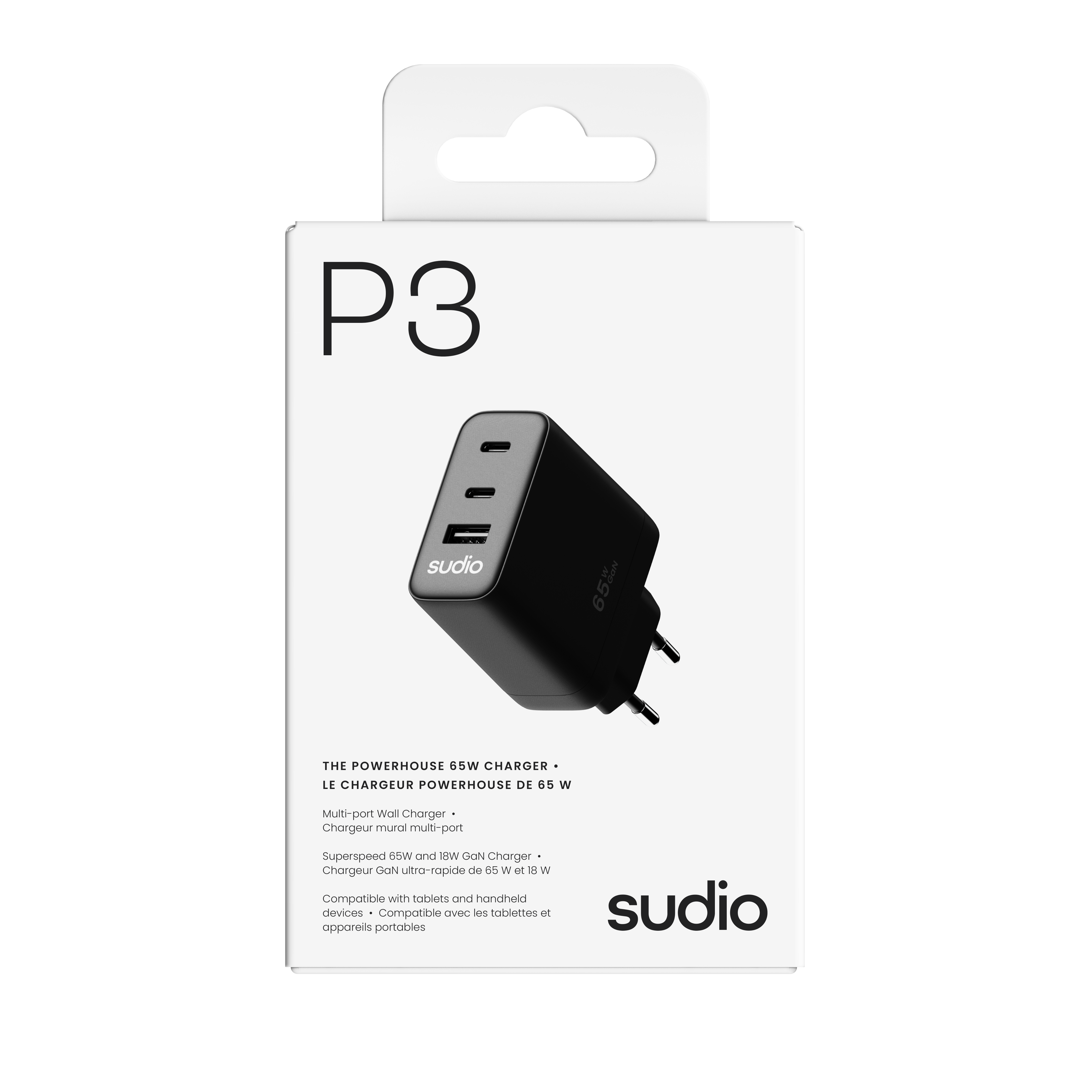 P3 Väggladdare 65W 2 x USB-C + USB-A Svart