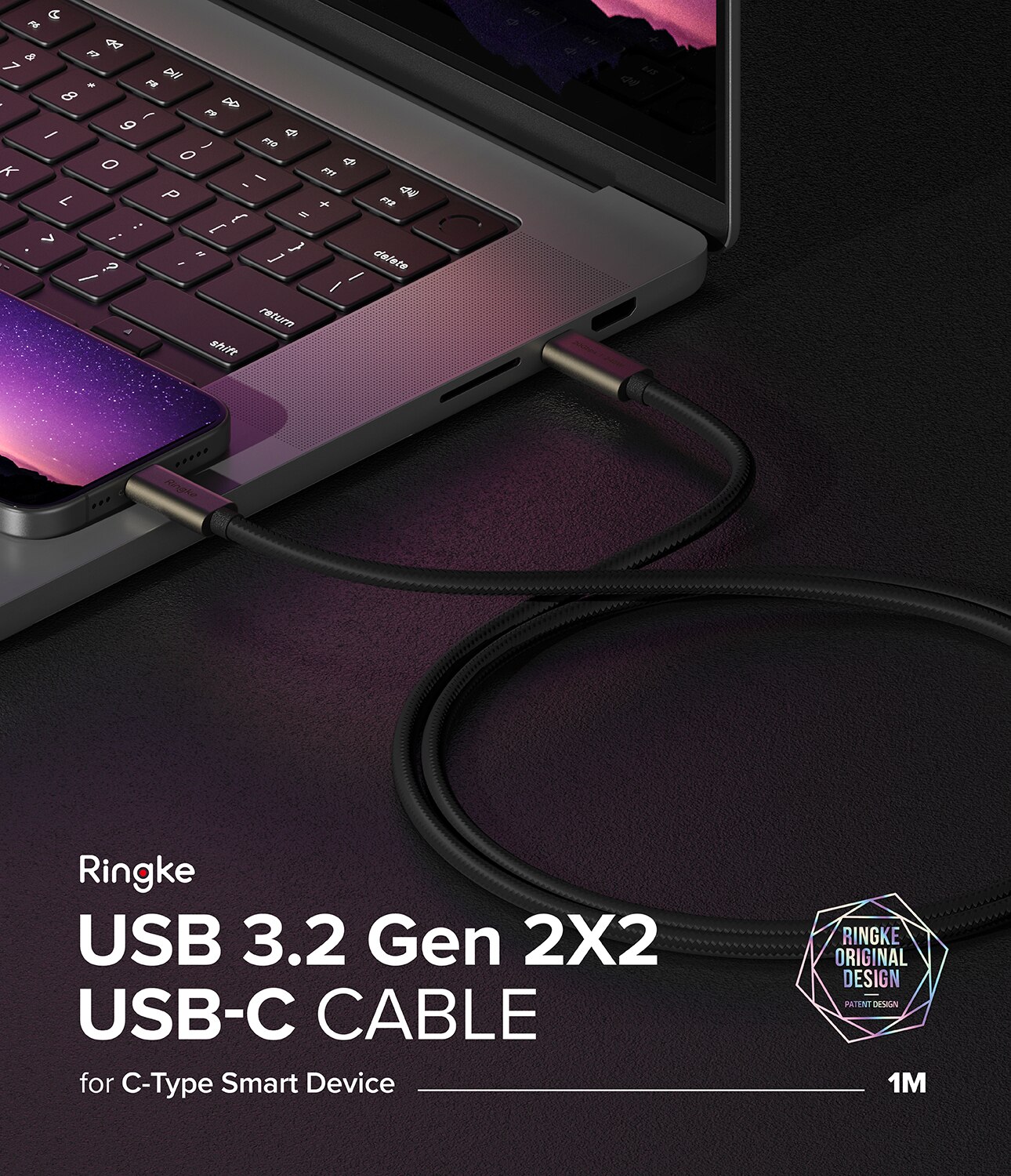 USB-C -> USB-C 3.2 Gen 2x2 Kabel 1m svart