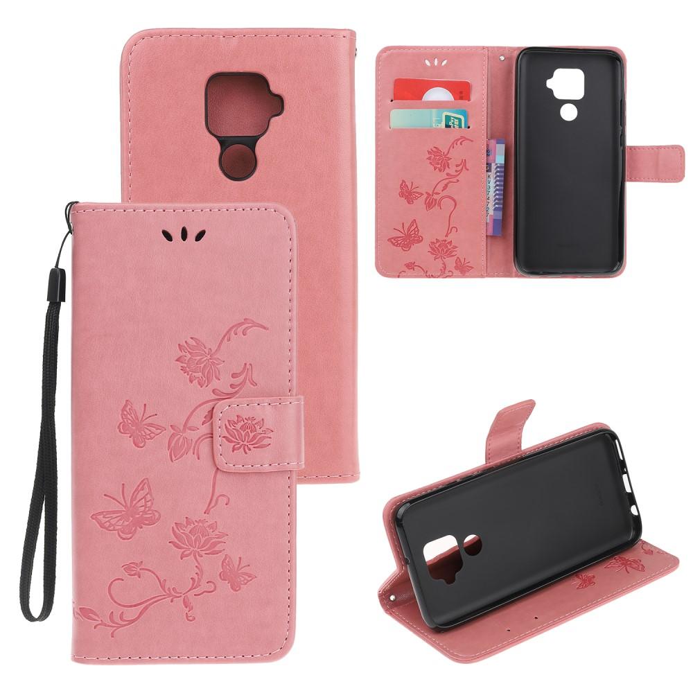 Läderfodral Fjärilar Huawei Mate 30 Lite rosa