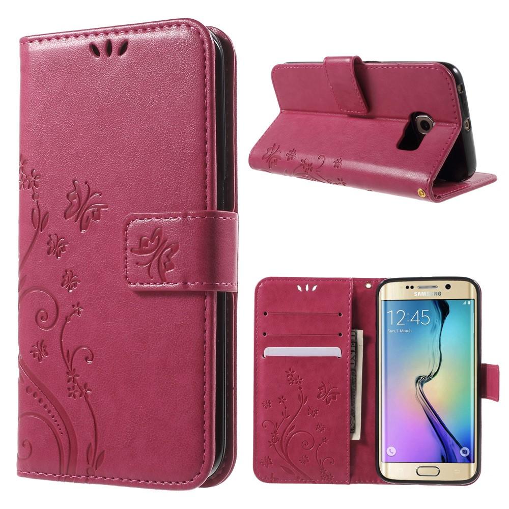 Läderfodral Fjärilar Samsung Galaxy S6 Edge rosa