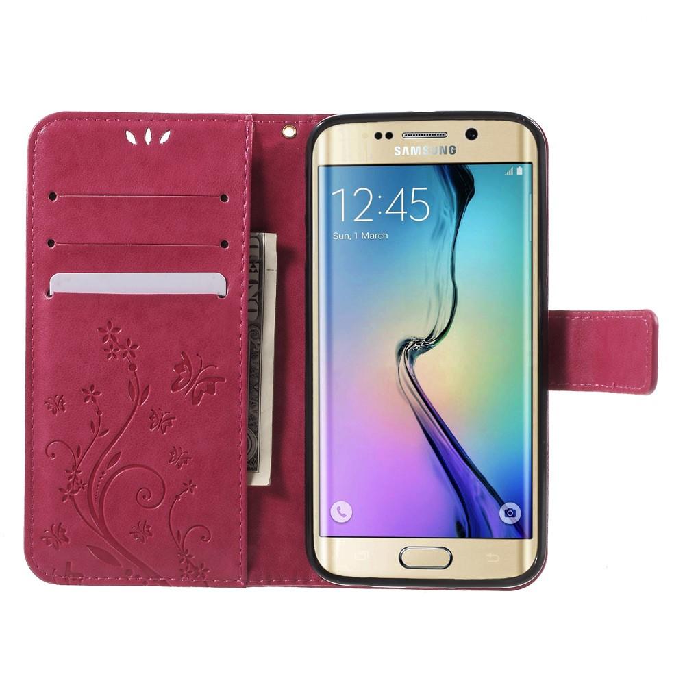 Läderfodral Fjärilar Samsung Galaxy S6 Edge rosa