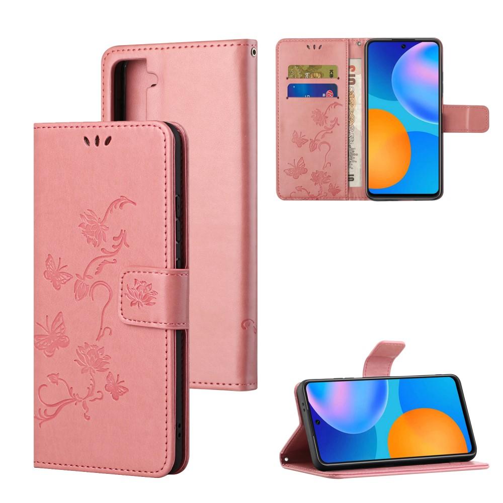 Läderfodral Fjärilar Samsung Galaxy S21 Plus rosa