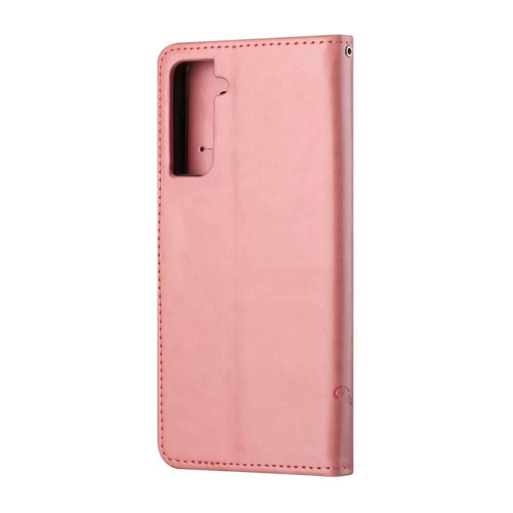 Läderfodral Fjärilar Samsung Galaxy S21 rosa