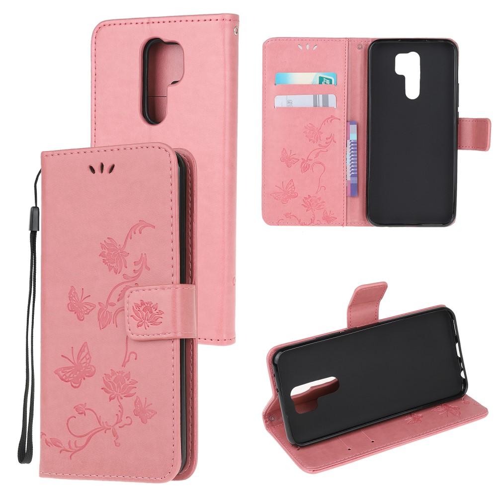 Läderfodral Fjärilar Xiaomi Redmi 9 rosa