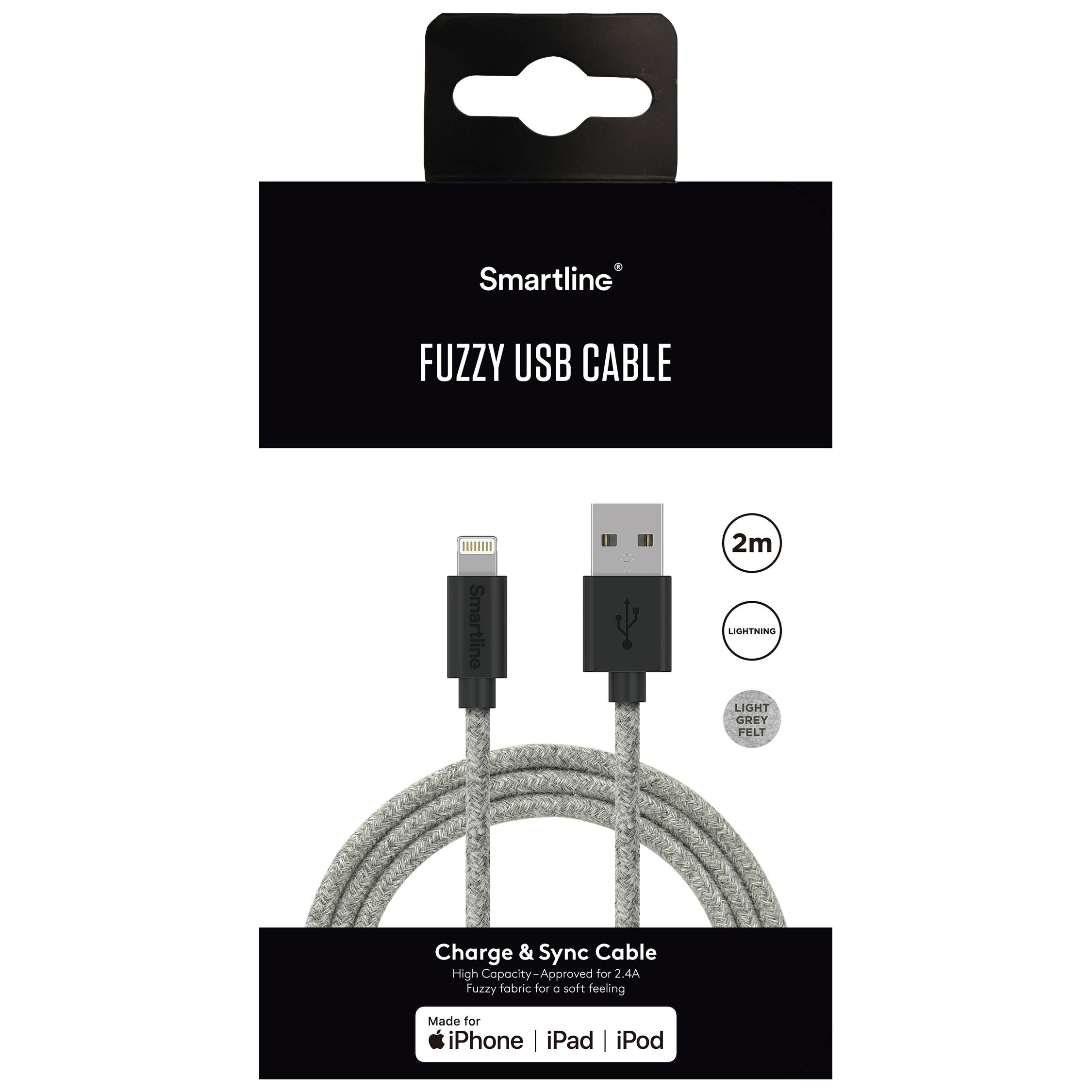 Fuzzy USB-kabel Lightning 2m Grå