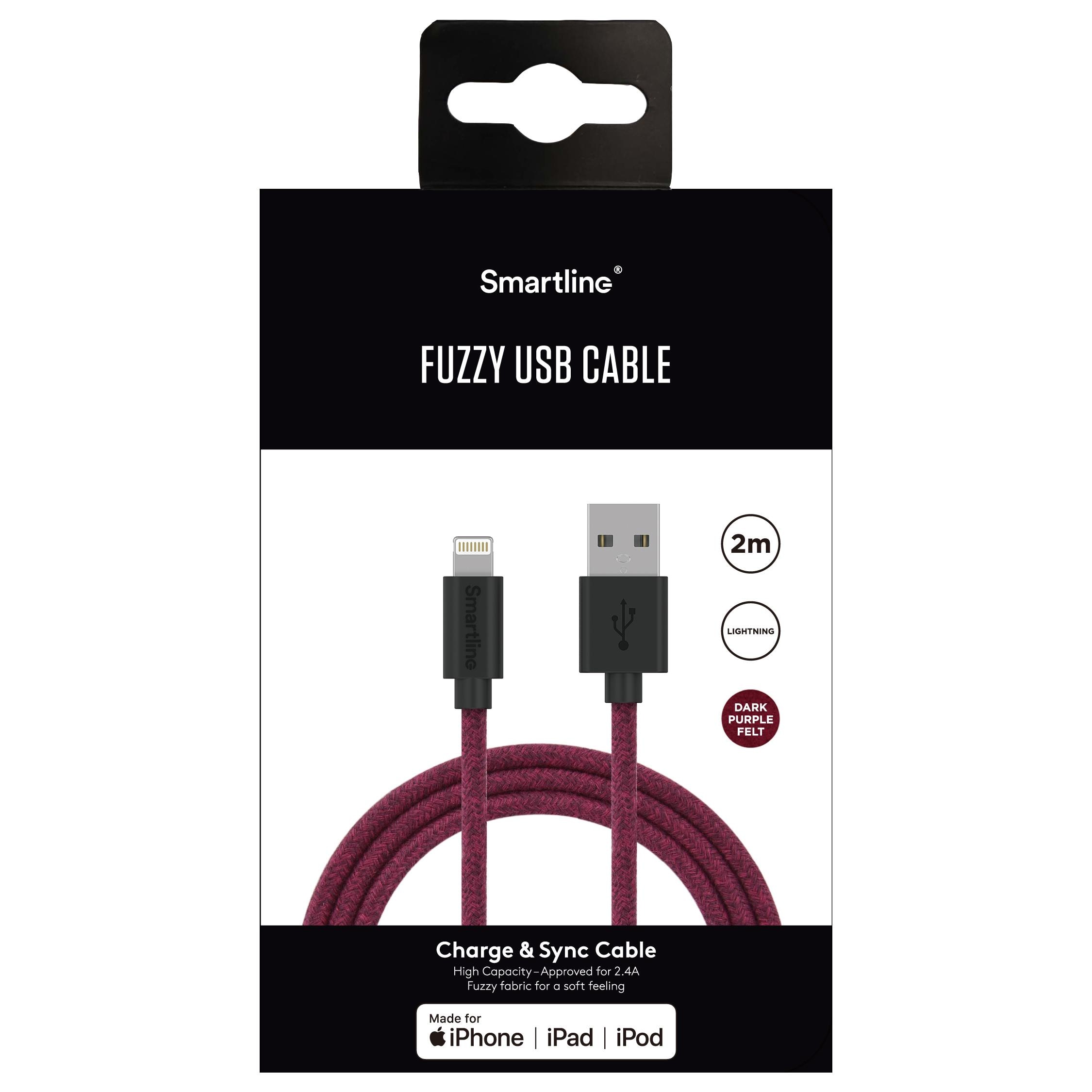 Fuzzy USB-kabel Lightning 2m Lila