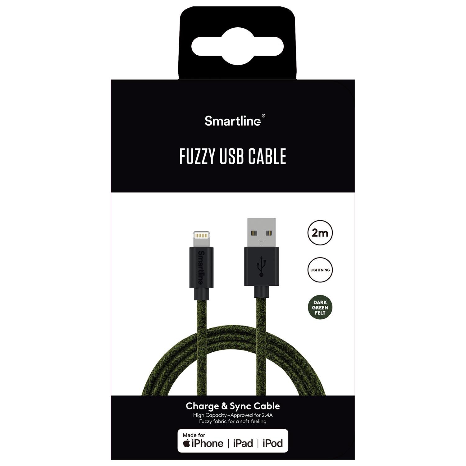 Fuzzy USB-kabel Lightning 2m Grön