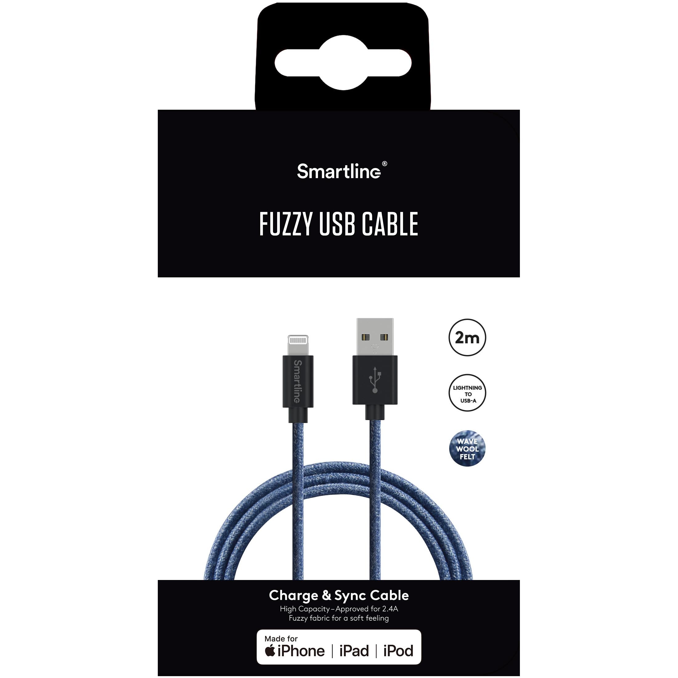 Fuzzy USB-kabel Lightning 2m Blå