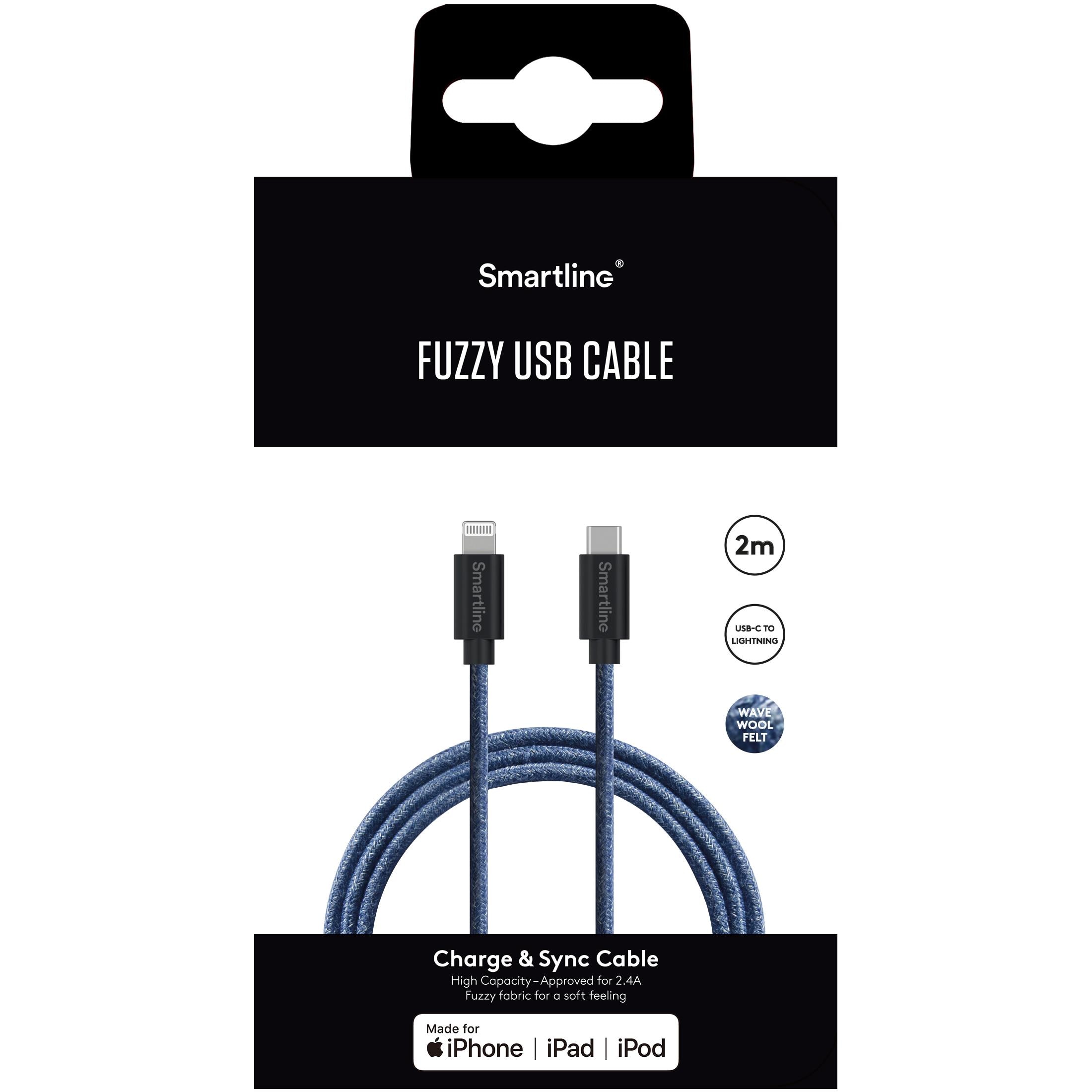Fuzzy USB-kabel USB-C -> Lightning 2m Blå